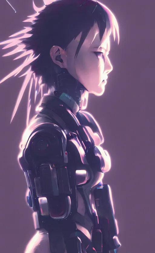 Image similar to cyberpunk anime girl mech, cyberpunk accessory, side view, 3 / 4 shot, street night, beautiful face, grafity, arcane, detail, good face, pose model, concept art, in style of yoji shinkawa, pan ren wei, col price, atey ghailan, by greg rutkowski, aesthetic, digital painting, 3 d