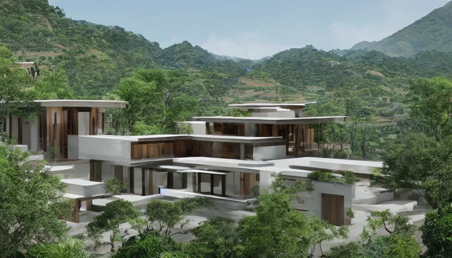 Image similar to residential villa inspired by tibetan architecture, on city, overlooking a valley with trees, frank lloyd wright, zaha hadid, le corbeusier, photorealistic, birds eye view