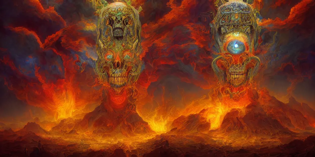 Image similar to gigantic psychedelic demonic cosmic skull of death and fire, outer space, fantasy painting, ultra realistic, dmt, symmetrical, wide angle, intricate details, digital painting, rainbowshift, vivid colors, highly detailed by peter mohrbacher, h. r. giger, maxfield parrish, craig mullins, octane render, cgi