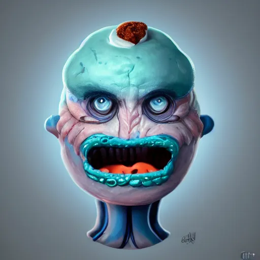 Prompt: A humanoid tasty looking cupcake with bushy eyebrows and grumpy face, blue light, extra detailed, digital illustration, by OLIVER ENDE, digital painting, Matte painting, trending on artstation and unreal engine