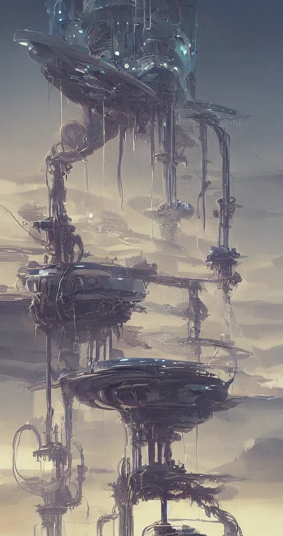 Prompt: complex mechanical starship with long tendrils, lots of hanging cables and wires, messy cords, pouring smoke and oil, sci - fi concept art, by john harris, by simon stalenhag, stunning, award winning