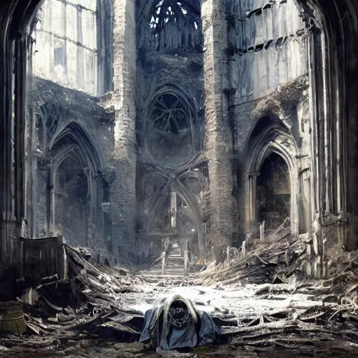 Prompt: Skeleton wearing ragged clothes and a plate armour resting on a throne inside a ruined cathedral, oil painting, by Greg Rutkowski