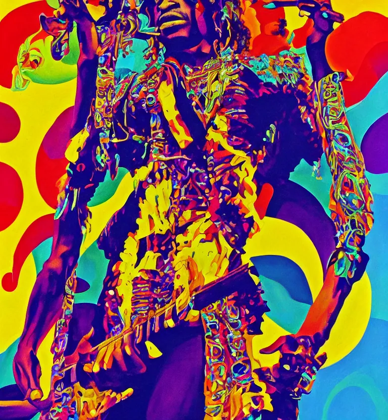 Prompt: colourful afrofuturist biomorphic opart, jimi hendrix full body, by pascal blanche and greg hildebrandt, 8 k