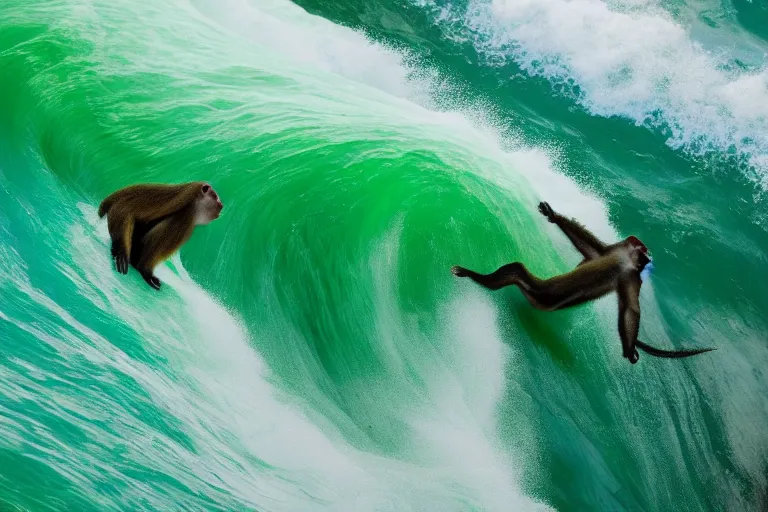 Prompt: monkey surfing on a green sea wave, natural lighting, highly detailed, 4 k, ultra hd