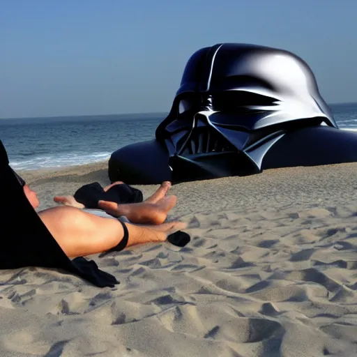 Prompt: darth vader sunbathing in the beach while reading