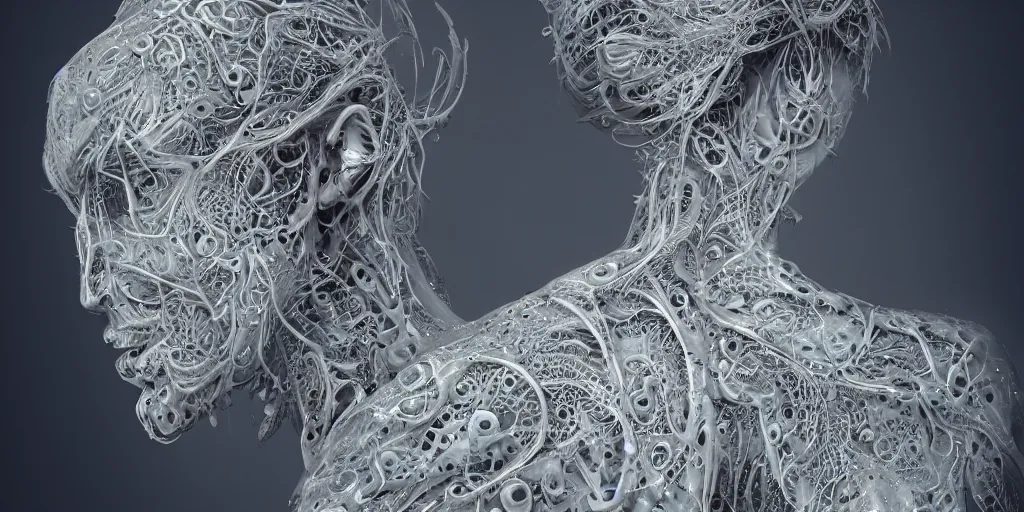 Prompt: realistic photography of a beautiful cyborg androgynous humanoid, back, reaching, holding close, in liquid, intricate filigree, in the style of beth cavener, jin kagetsu, wlop, highly detailed, symmetry, masterpiece, concept art, ringflash, highkey lighting, ambient lighting, octane render, 8 k, artstation