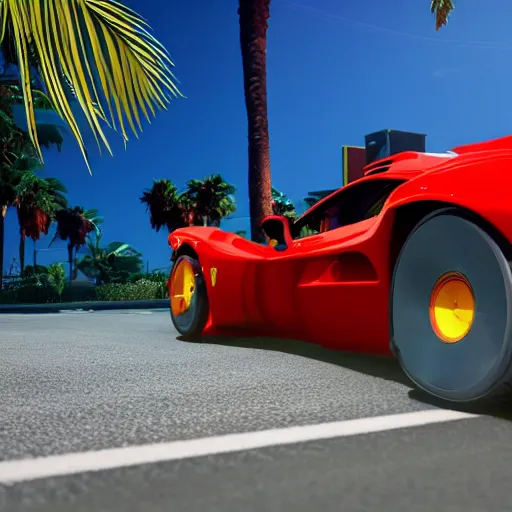 Prompt: a 3D render depicting Outrun videogame. Car. Red Ferrari. Palm trees. Horizon. Unreal Engine. Octane Render. Vray. Arnold Render. Car Shader. 80s Videogame.