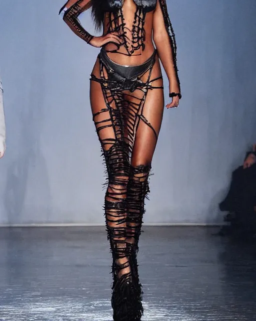 Prompt: adriana lima at new york fashion week, in a risque outfit made from barbed wire, by greg rutkowski, high fashion, female beauty, intricate detail, elegance, sharp shapes, soft lighting, vibrant colors, masterpiece