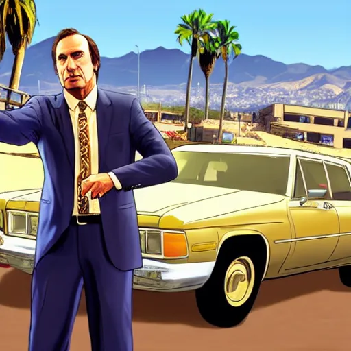 Image similar to Saul Goodman in GTA V . Los Santos in the background, palm trees. In the art style of Stephen Bliss.