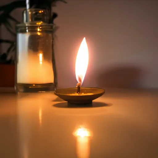 Image similar to dslr, candle that is lit on a table, in a candle holder, in a dark room, eerie glow, extreme quality, real photo, real camera, moody lighting, 8 k