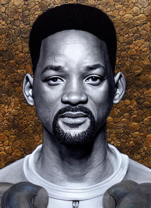 Image similar to portrait of will smith made out of rocks, au naturel, hyper detailed, digital art, trending in artstation, cinematic lighting, studio quality, smooth render, unreal engine 5 rendered, octane rendered, art style by klimt and nixeu and ian sprigger and wlop and krenz cushart