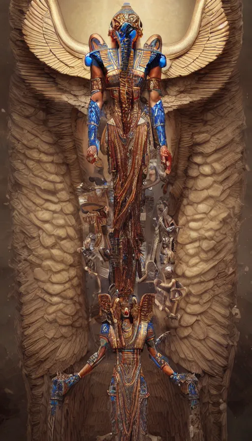 Image similar to egyptian bionic god, fallen angels, highly detailed, digital painting, good, refreshing, detailed and intricate, ornate, hyper realistic, trending on artstation, octane render, illustration by james jean