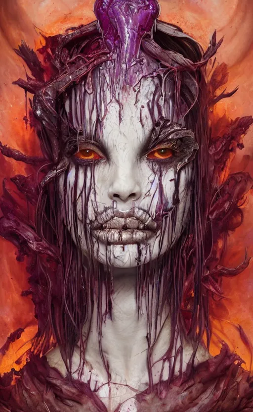 Prompt: a portrait of a white skin female demon, purple Leather wings, melting, organic biomass, webbing,8k,by tristan eaton,Stanley Artgerm,Tom Bagshaw,Greg Rutkowski,Carne Griffiths, Ayami Kojima, Beksinski, Giger,trending on DeviantArt,face enhance,hyper detailed,minimalist,horror, android, full of colour