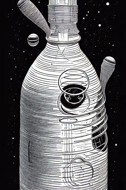 Prompt: an erlenmeyer flask with a caterpillar inside, bold line art, by vincent di fate and joe fenton, inking, etching, screen print, masterpiece, trending on artstation, sharp, high contrast, hd