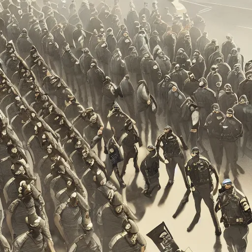 Image similar to police lined up, standing against the crowd of protesters, concept art, intricate details, highly professionally detailed, cgsociety, highly detailed -