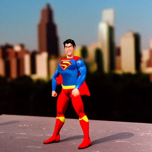 Prompt: toy photography. Superman action figure against a city backdrop running directly at the camera. 1992.