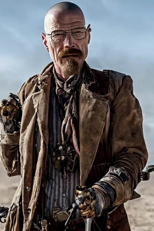 Image similar to steampunk walter white in mad max fury road