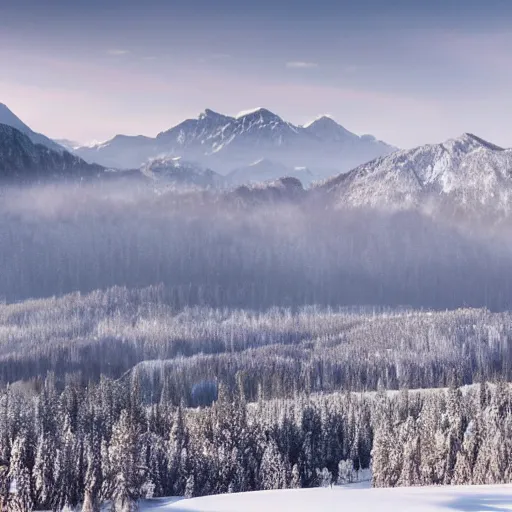 Prompt: an expansive view of a futuristic containment building in a forested valley and snow - capped mountains in the distance, national geographic, hyper realistic, 4 k, dusty light