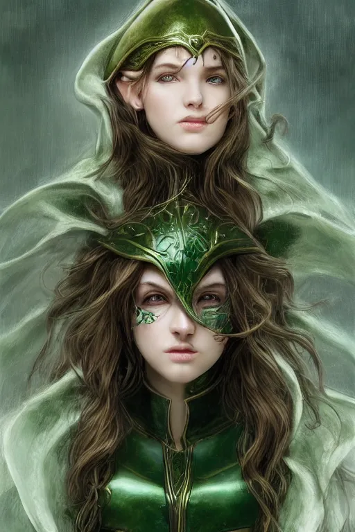 Image similar to a beautiful photo of a young woman, green elf ranger with long flowing hair and a green leather hood, elf ranger leather armor with olive green and brown colors and gold lining, young female face, cinematic top lighting, insanely detailed and intricate, face by wlop, Charlie Bowater, designs by zhelong xu and gustave doré, golden ratio, symmetric, elegant, ornate, luxury, elite, matte painting, cinematic, trending on artstation, deviantart and cgsociety, 8k, high resolution