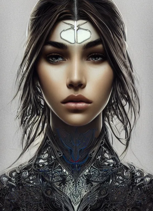 Image similar to symmetry!! madison beer, machine parts embedded into face, intricate, elegant, highly detailed, digital painting, artstation, concept art, smooth, sharp focus, illustration, art by artgerm and greg rutkowski and alphonse mucha, 8 k