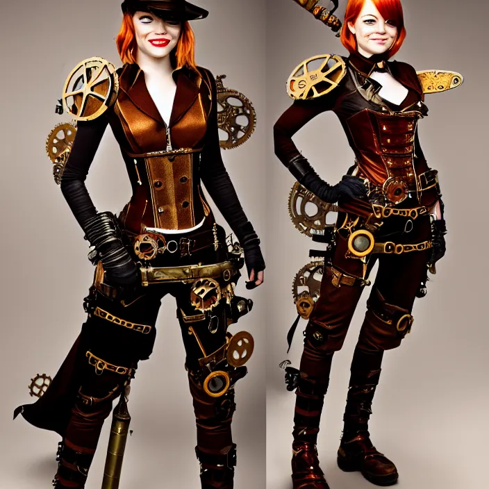 Image similar to professional full length photograph of emma stone as a steampunk warrior. Extremely detailed. 8k