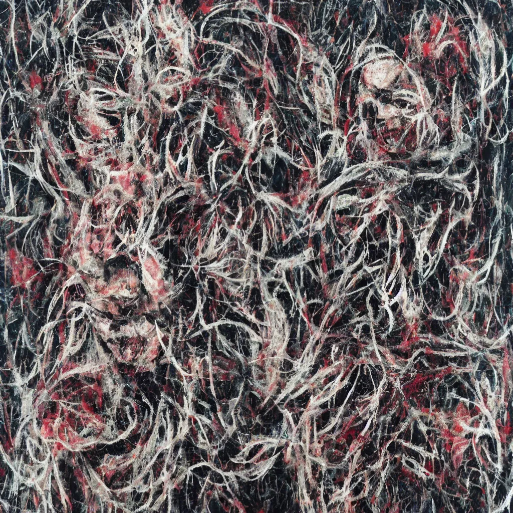 Image similar to camo made of teeth, smiling, abstract, francis bacon artwork, cryptic, dots, spots, stipple, lines, splotch, color tearing, pitch bending, faceless people, dark, ominious, eerie, hearts, minimal, points, technical, old painting