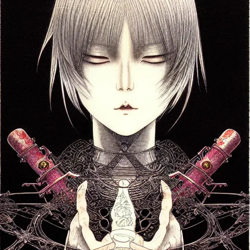 Image similar to prompt: Fragile looking vessel portrait soft light drawn by Takato Yamamoto, inspired by Fables, weapons around the face, ancient dark chrome knight armor, magical and alchemical objects on the side, soft light, white background, intricate detail, intricate oil painting detail, sharp high detail, manga and anime 2000