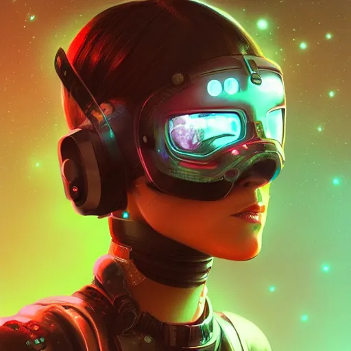 Image similar to cyberpunk concept cool warrior girl bot, cinema 4 d, galaxy, ufo, space sci - fi, wearing vr goggles, illustration, portrait, pastel neon textured background night, trending on artstation, greg rutkowski, octane rendered, 1 2 k, detailed,