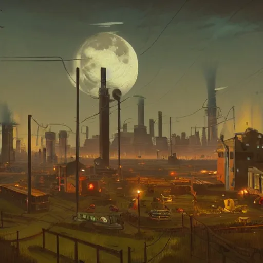 Image similar to An atompunk city with the moon shining through the clouds in utopia by Simon Stålenhag and Greg Rutkowski,In style of Grant Wood.hyper detailed,8K Resolution,unreal engine 5,Ray Tracing,highly realistic.trending on Artstation