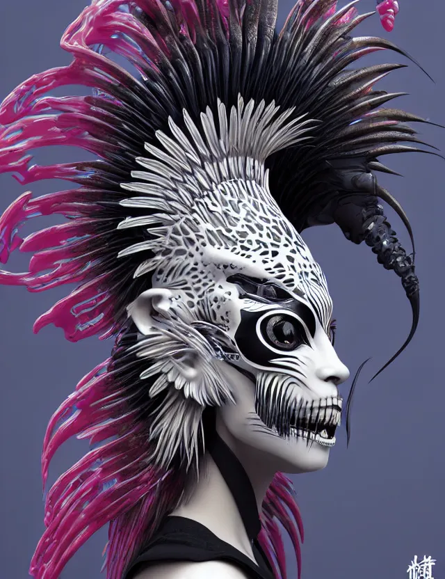 Image similar to 3 d goddess close - up profile simple portrait punk with mohawk with tiger skull. beautiful intricately detailed japanese crow kitsune mask and clasical japanese kimono. betta fish, jellyfish phoenix, bio luminescent, plasma, ice, water, wind, creature, artwork by tooth wu and wlop and beeple and greg rutkowski