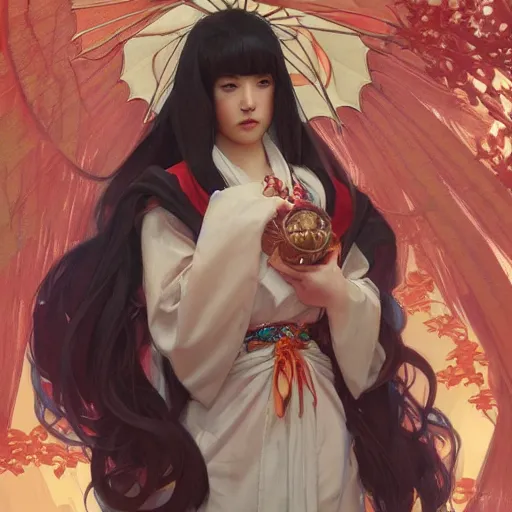 Prompt: shrine maiden miko, digital painting, artstation, concept art, smooth, sharp focus, illustration, art by artgerm and greg rutkowski, alphonse mucha, ross tran, boris vallejo, george doutsiopoulos