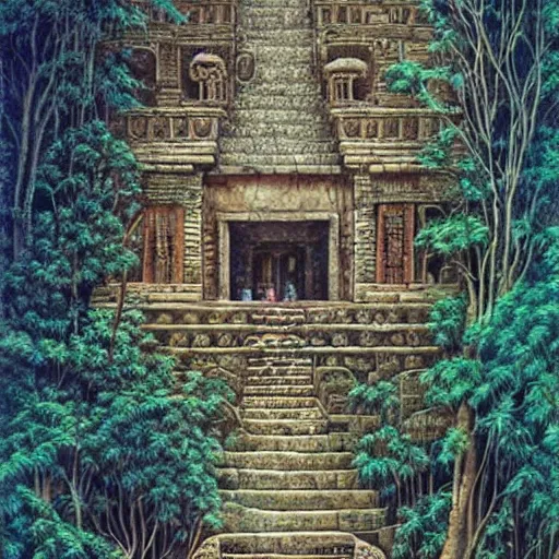 Image similar to ancient maya temple, art by daniel merriam, high details, complex decorations, beautiful view, mystical, very old, vines, hidden place, mysterious, enigmatic