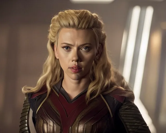 Prompt: scarlett johansson, in starfleet uniform, playing lagertha in a scene from the tv series vikings