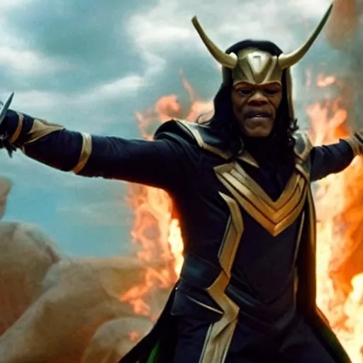 Image similar to film still of Samuel L Jackson as Loki, wearing Loki Helmet, wielding a powerful magical staff, in new Avengers film