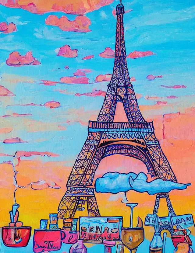 Image similar to a funny painting of the eiffel tower in paris made of ice cream in different colors on a very sunny bright summer sunset day in the style of james jean