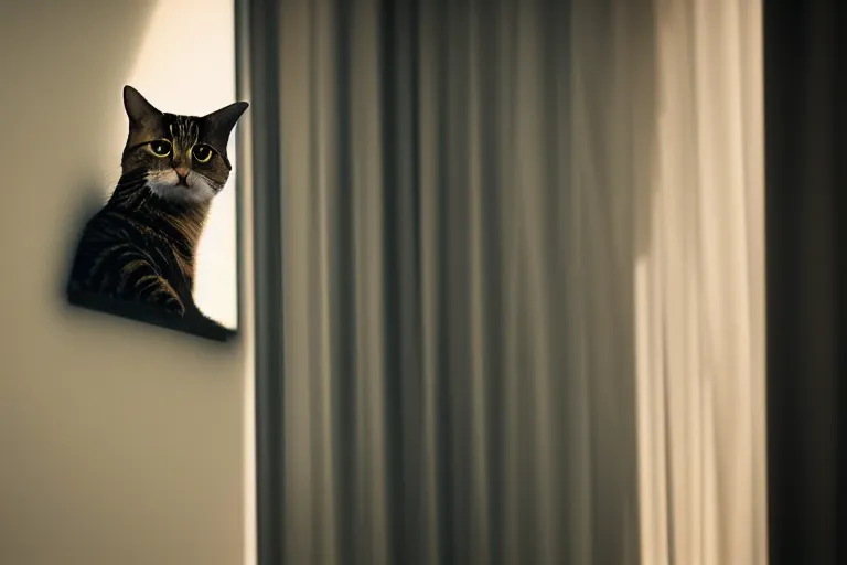 Image similar to vfx film closeup, cat on a window ledge, flat color profile low - key lighting award winning photography arri alexa cinematography, hyper real photorealistic cinematic, atmospheric cool colorgrade