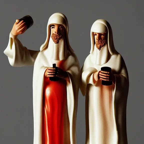 Image similar to Christan cult robed figures drinking wine and mushrooms