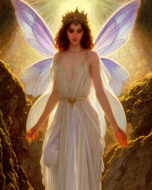 Image similar to portrait of a ethereal magical young winged fairy princess wearing a white robe, d & d, fantasy, intricate, rim light, volumetric lighting, dark souls, elegant, highly detailed, digital painting, artstation, concept art, smooth, sharp focus, illustration, art by greg rutkowski, maxfield parrish and alphonse mucha, new art nouveau, tarot card