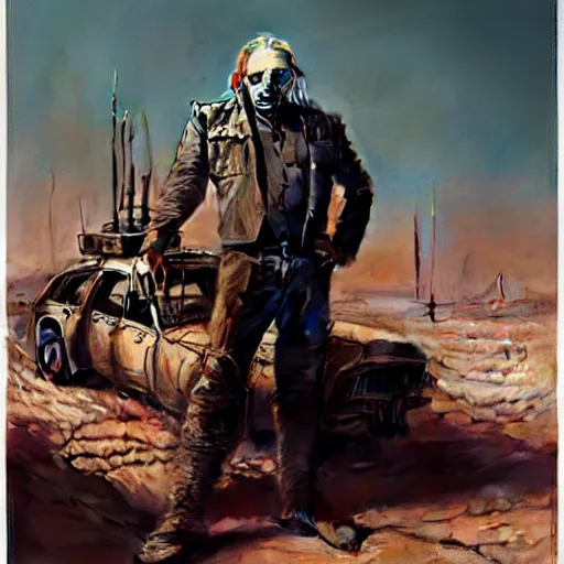 Image similar to Portrait of Immortan Joe by Greg Rutkowski. He is making an announcement from his war rig in the desert by Mark Arian. It is bright and desolate and rusty by H.R. Giger. soft render, octane, highly detailed painting by Moebius. artstation Blank Canvas Scene by Tetsuya Nomura.