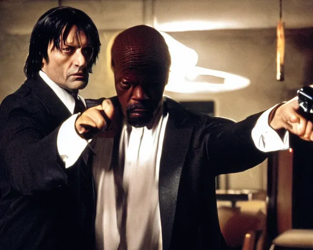 Image similar to Mads Mikkelsen as Vincent Vega in Pulp Fiction with Samuel Leroy Jackson