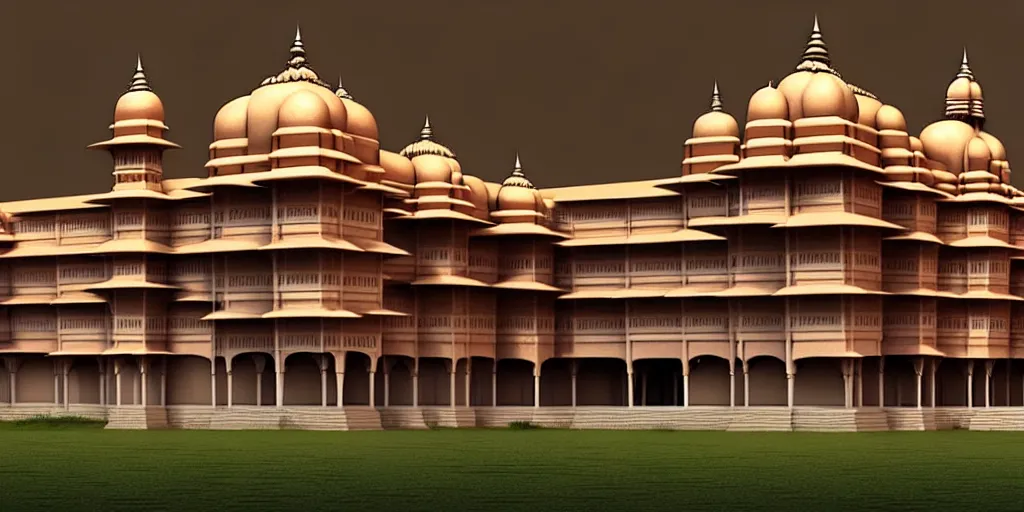 Image similar to a 3 d concept art of an indian palace by oliver beck, hyper realism, extremely detailed, atmospheric