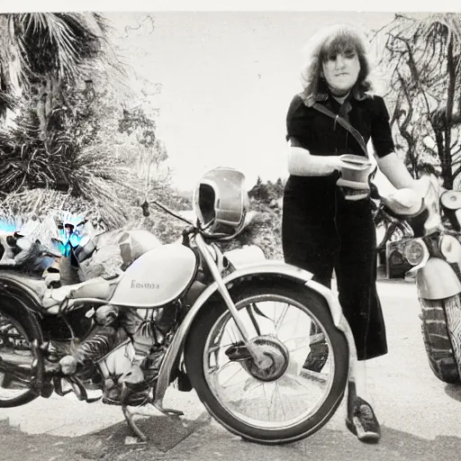 Image similar to a photo by ansel adams of a slender beautiful woman with straight ginger hair and bangs, wearing purple leathers and gold helmet, posing with large ginger tabby and raccoon on a motorcycle in her front yard, holding coffee mug and toasted brioche bun, 8 5 mm lens