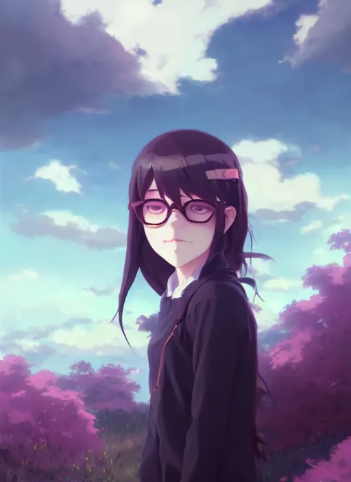 Prompt: portrait of cute goth girl in glasses, cloudy sky background lush landscape illustration concept art anime key visual trending pixiv fanbox by wlop and greg rutkowski and makoto shinkai and studio ghibli