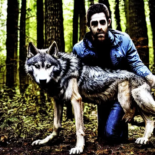 Image similar to werecreature consisting of a human and wolf, photograph captured in a forest