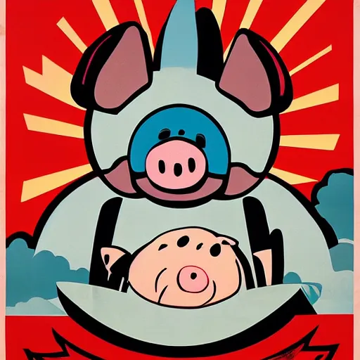 Prompt: propaganda poster with a cartoon pig as the centerpiece