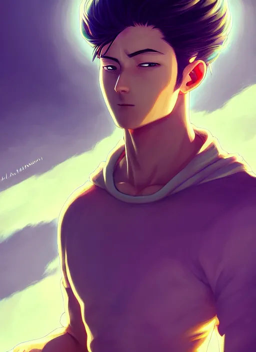 Image similar to handsome saitama, avatar ang, half body shot, path traced, highly detailed, high quality, digital painting, alena aenami, lilia alvarado, shinji aramaki, karol bak, alphonse mucha, tom bagshaw