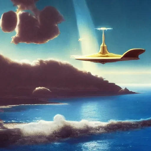 Image similar to beautiful matte painting of golden shores of a blue dreamy ocean, heavenly island in the clouds floating above the ocean, spaceship flying by, sci - fi, daylight, blue sky, cinematic lighting, cinematic perspective, syd mead, john harris, federico pelat