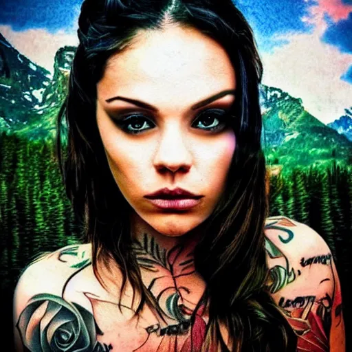 Image similar to realistic tattoo sketch of peta jensen face double exposure effect with a mountain scenery, in the style of matteo pasqualin, amazing detail, sharp