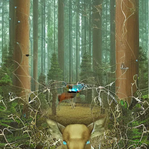 Image similar to a cybernetic ecology. joined back to nature, all watched over by machines of loving grace. a cybernetic forest filled with pines and electronics where deer stroll peacefully past computers as if they were flowers with spinning blossom