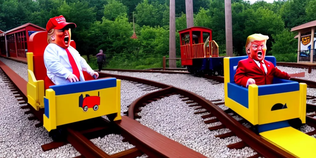Prompt: Photo of Donald J. Trump tumbling off of a kiddy train into gravel, screaming, taken in Silver Dollar City 2020